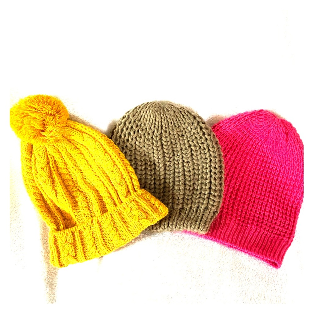 3 Cotton On Beanies Yellow, Taupe, and Pink